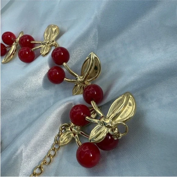 Cherry Design Gold and Red Beaded Stainless Steel Necklace - Picture 2 of 11